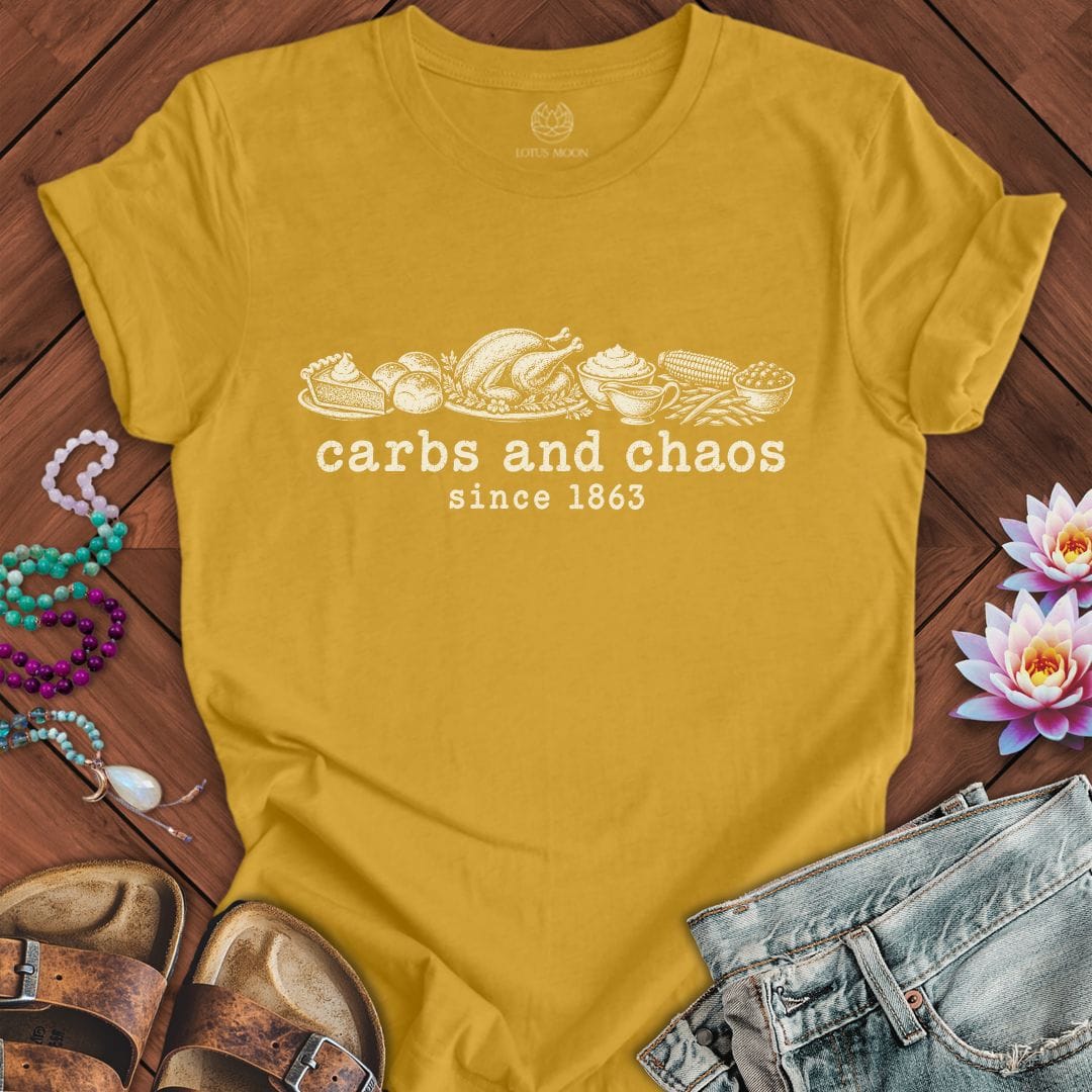 Carbs And Chaos Tee Heather Mustard