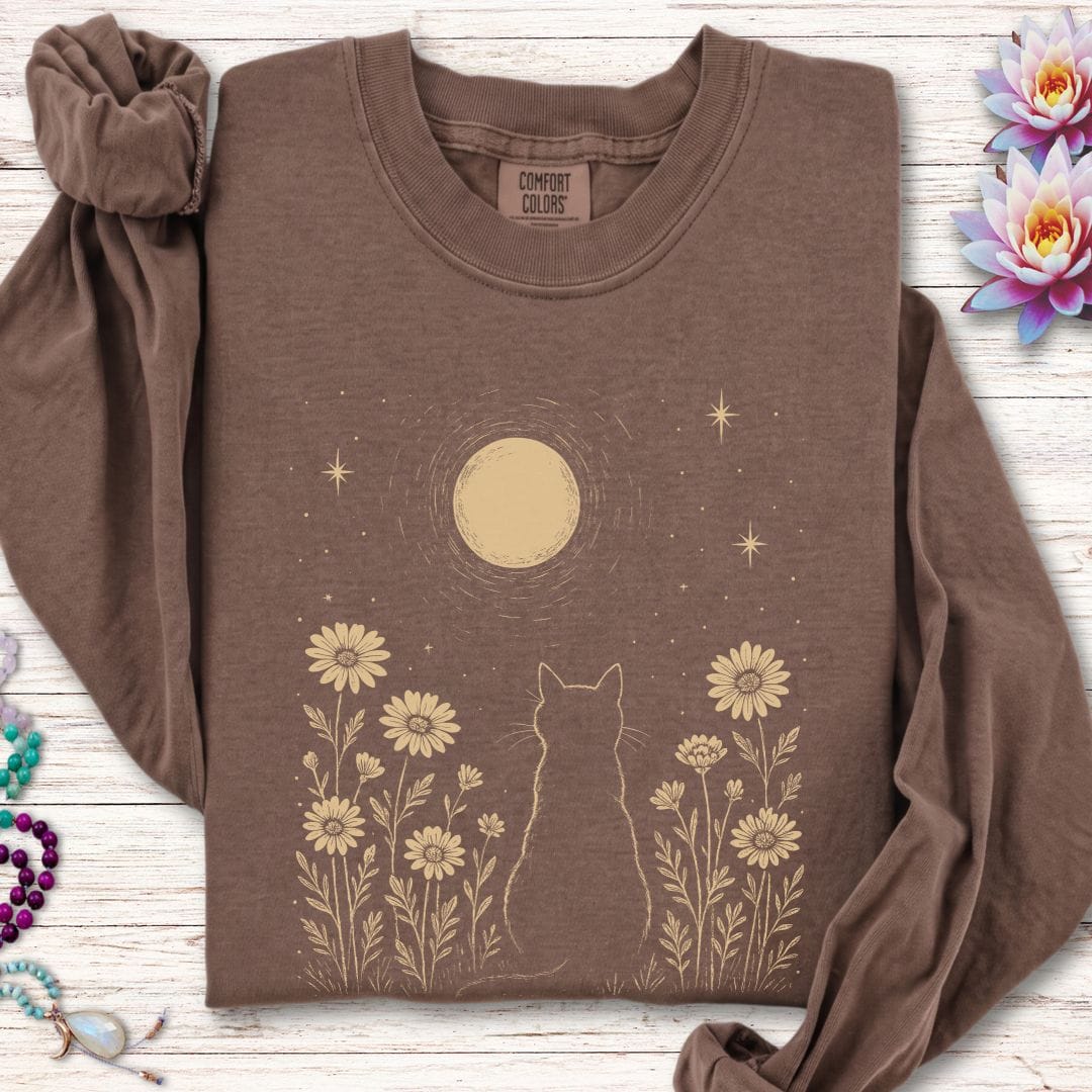 Printify Long-sleeve Cat and Moon Long Sleeve Tee Espresso / S