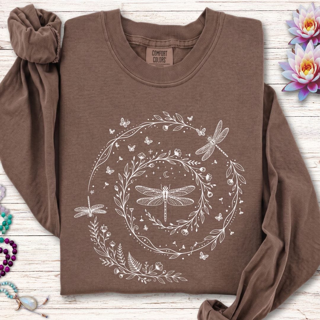 Printify Long-sleeve Dragonfly Spiral Long Sleeve Tee Espresso / S