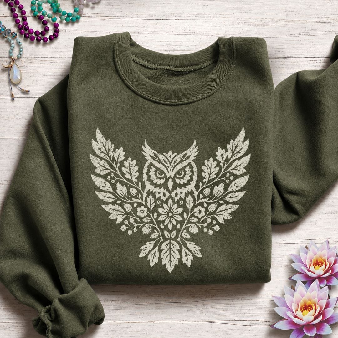Fall Floral Owl Sweatshirt Military Green