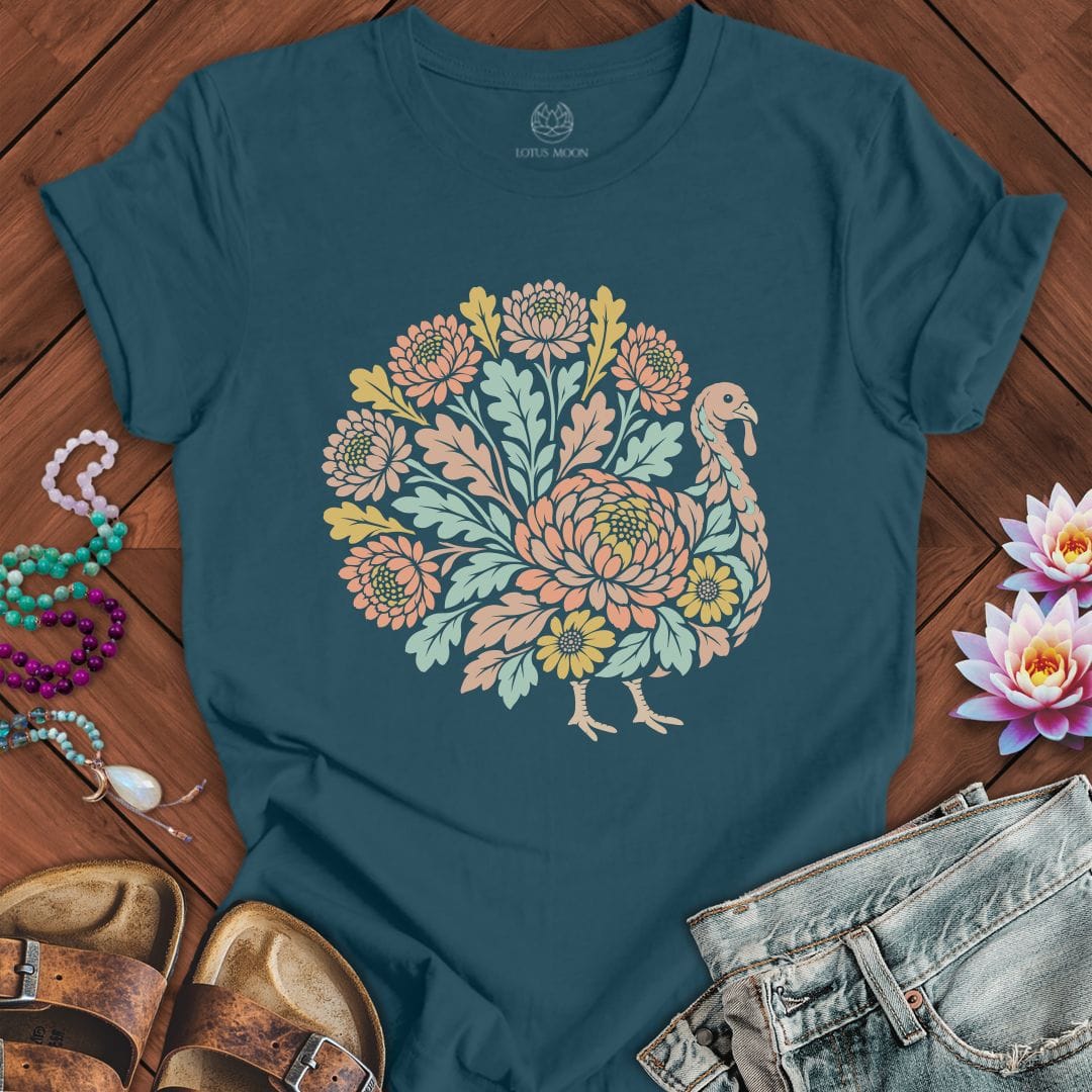 Floral Linocut Turkey Tee Deep Teal