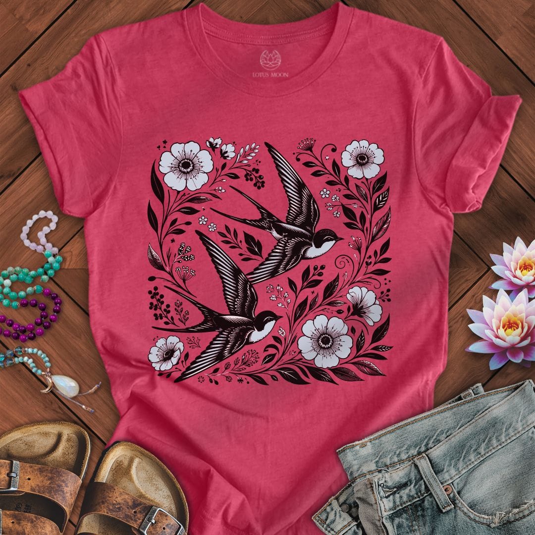 Printify T-Shirt Floral Swallows Tee Heather Raspberry / S