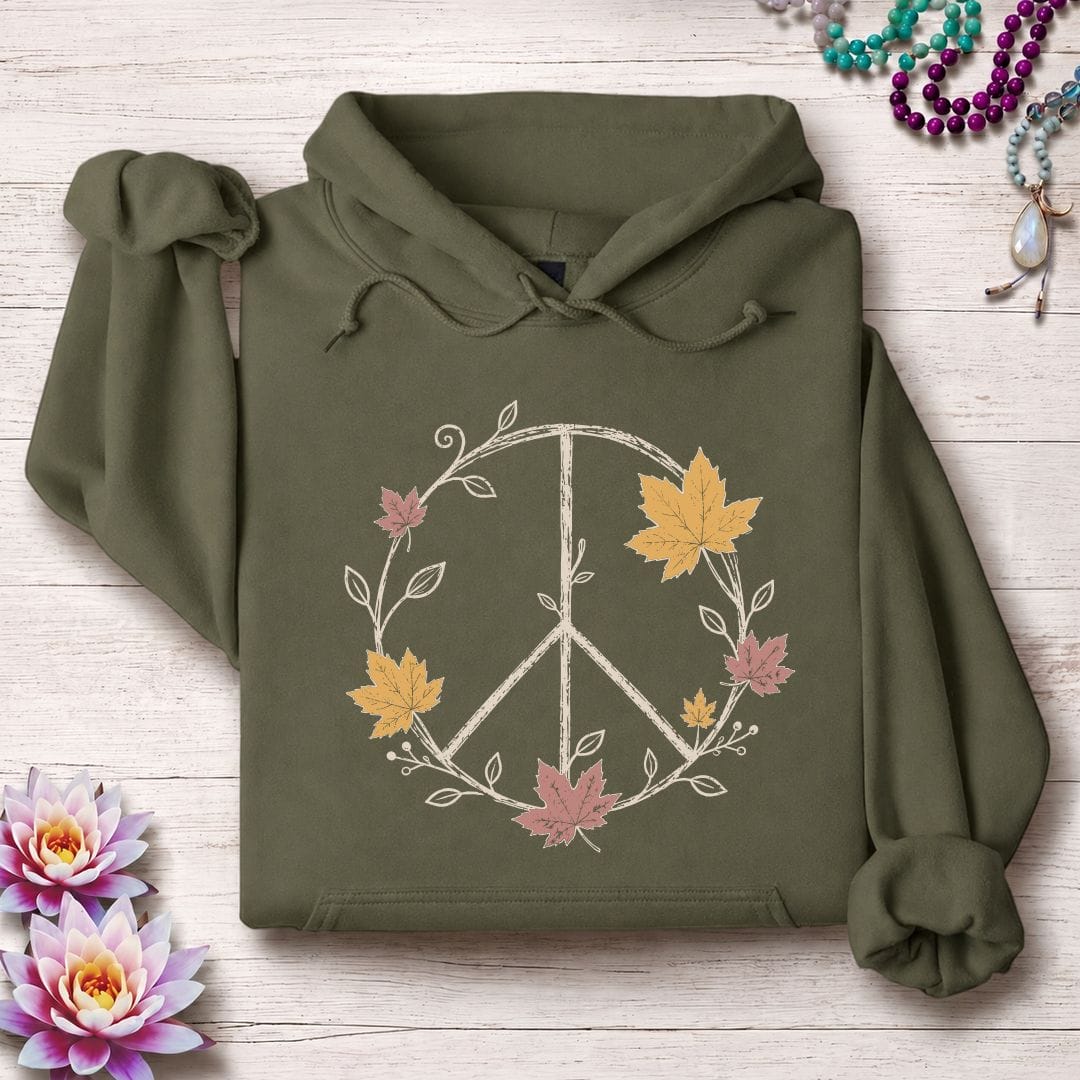 Printify Hoodie Maple Peace Sign Hoodie Military Green / S