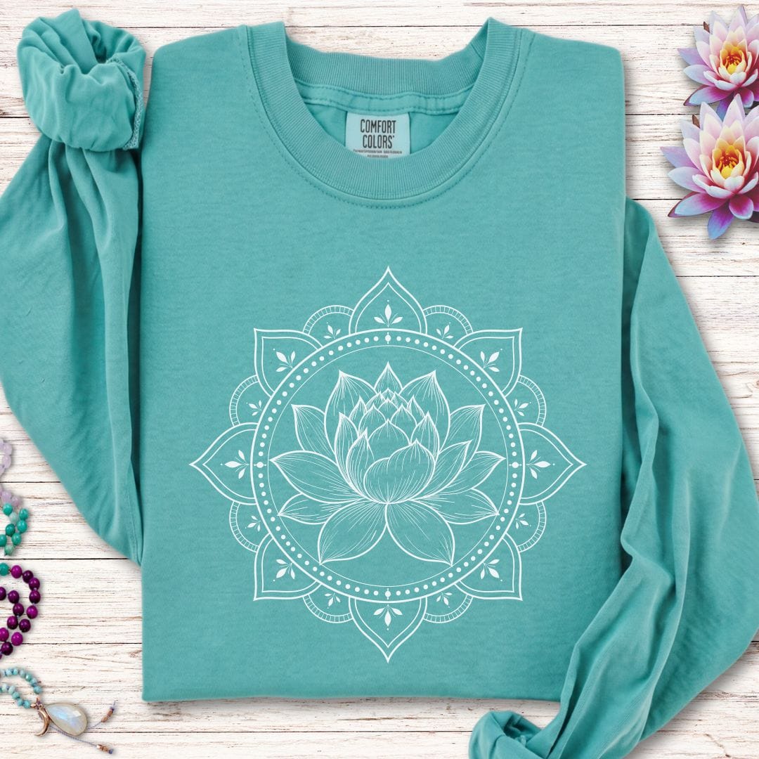 Printify Long-sleeve Natural Lotus Mandala Long Sleeve Tee Seafoam / S
