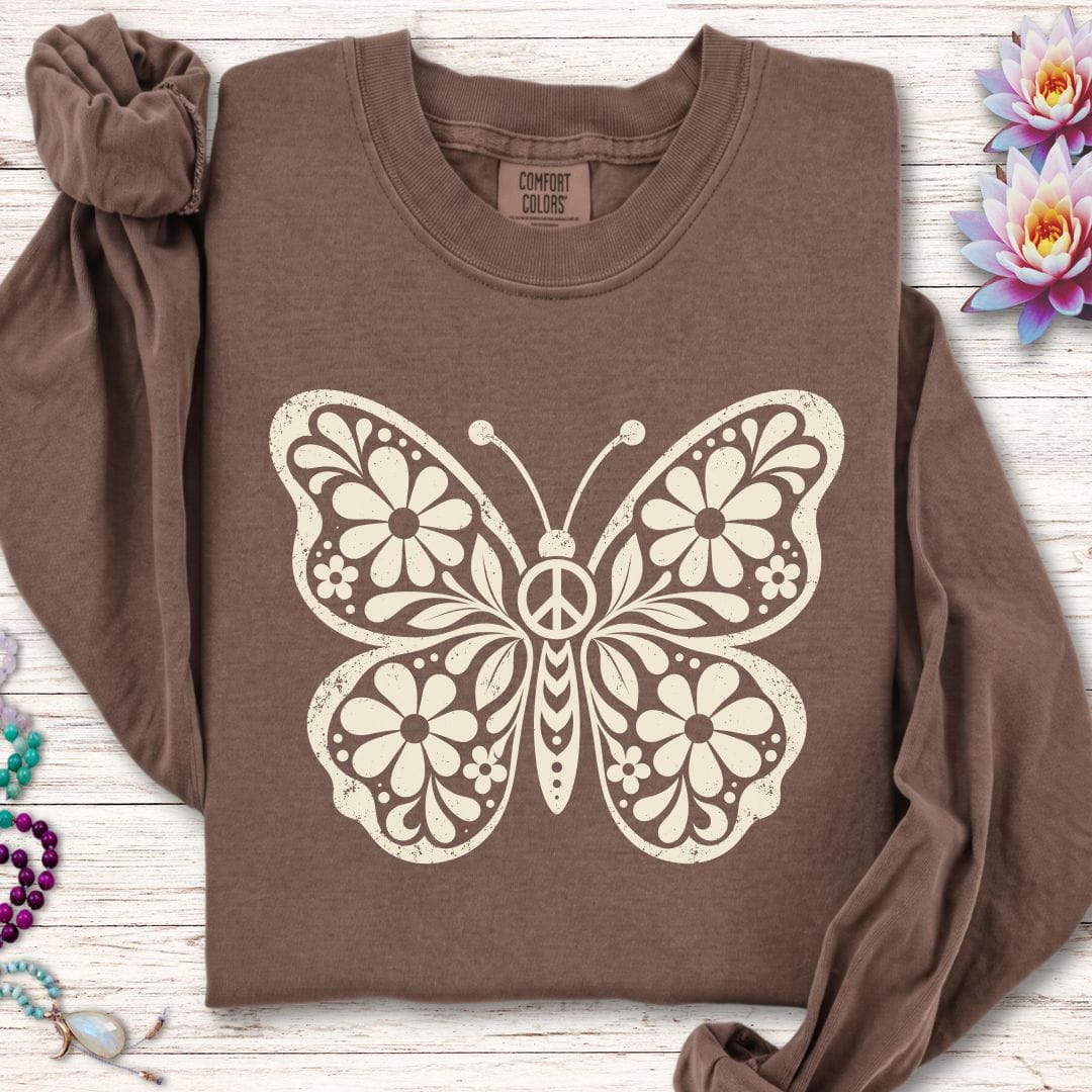 Printify Long-sleeve Retro Floral Butterfly Long Sleeve Tee Espresso / S