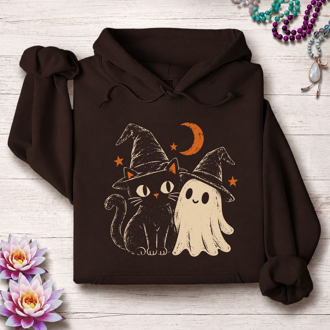 Vintage Cat And Ghost Hoodie Dark Chocolate