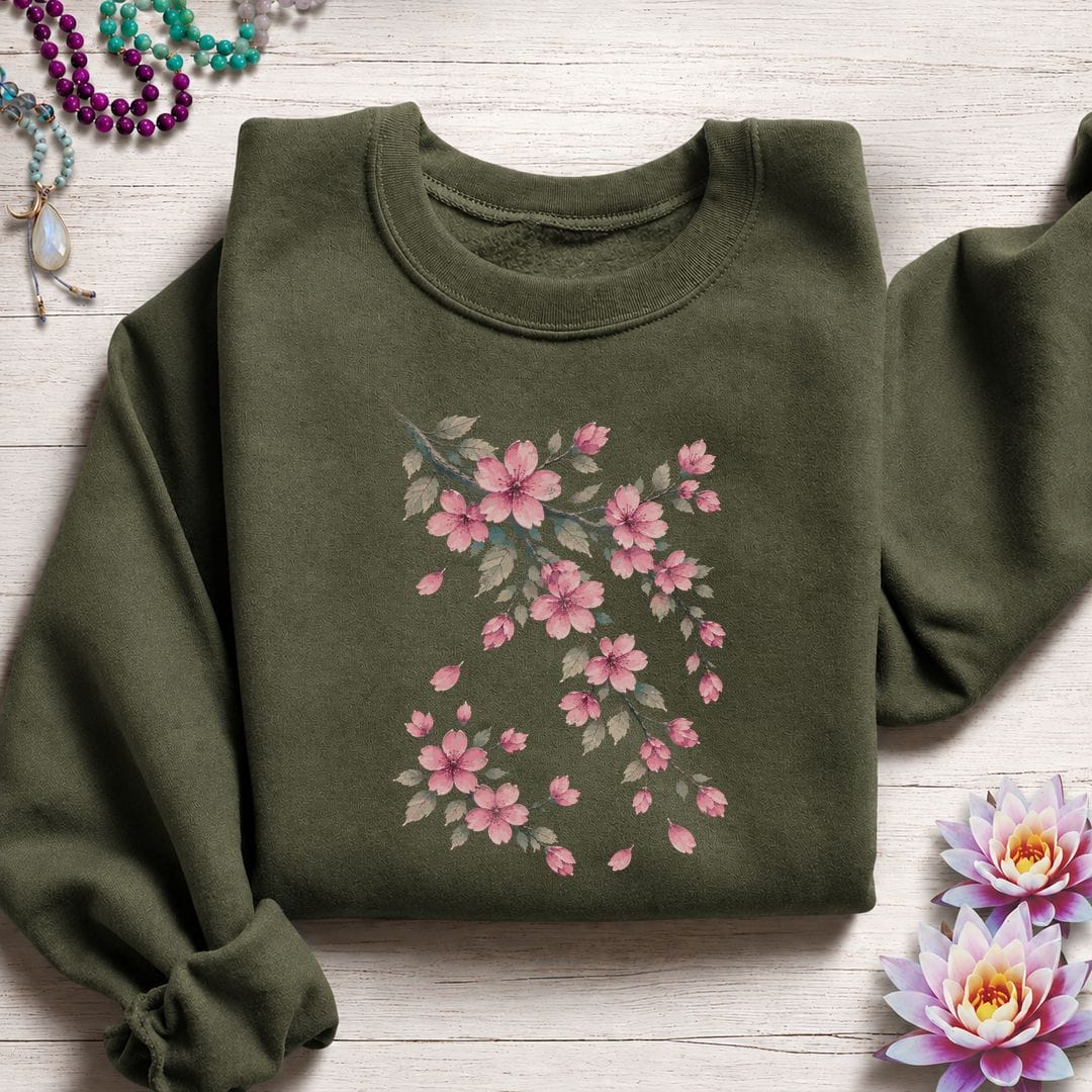 Printify Sweatshirt Vintage Cherry Blossoms Sweatshirt Military Green / S