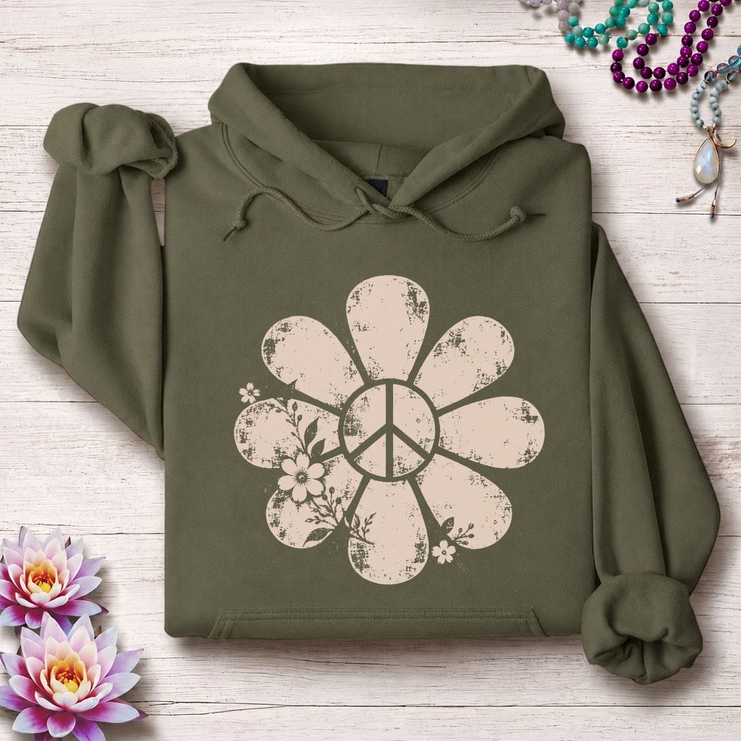 Printify Hoodie Vintage Peace Daisy Hoodie Military Green / S