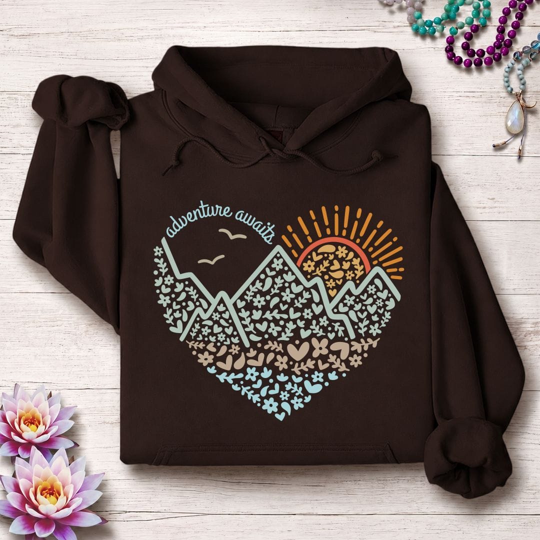 Printify Hoodie Adventure Awaits Hoodie Dark Chocolate / S