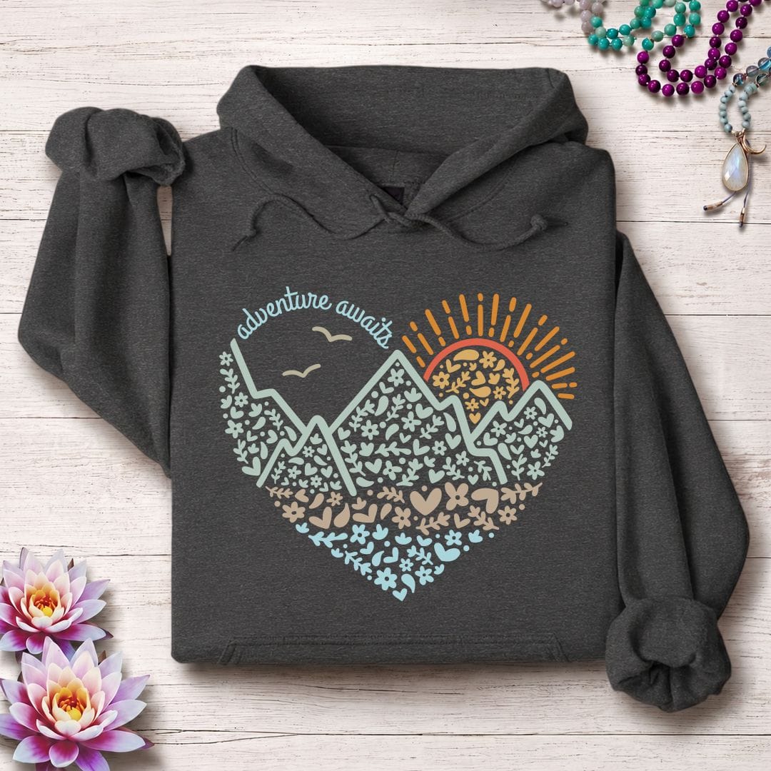 Printify Hoodie Adventure Awaits Hoodie Dark Heather / S