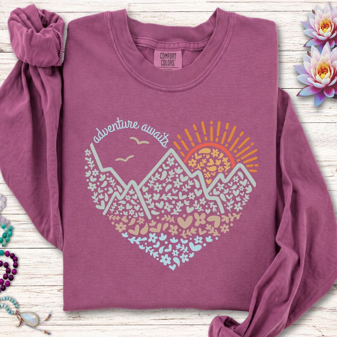 Printify Long-sleeve Adventure Awaits Long Sleeve Tee Berry / S