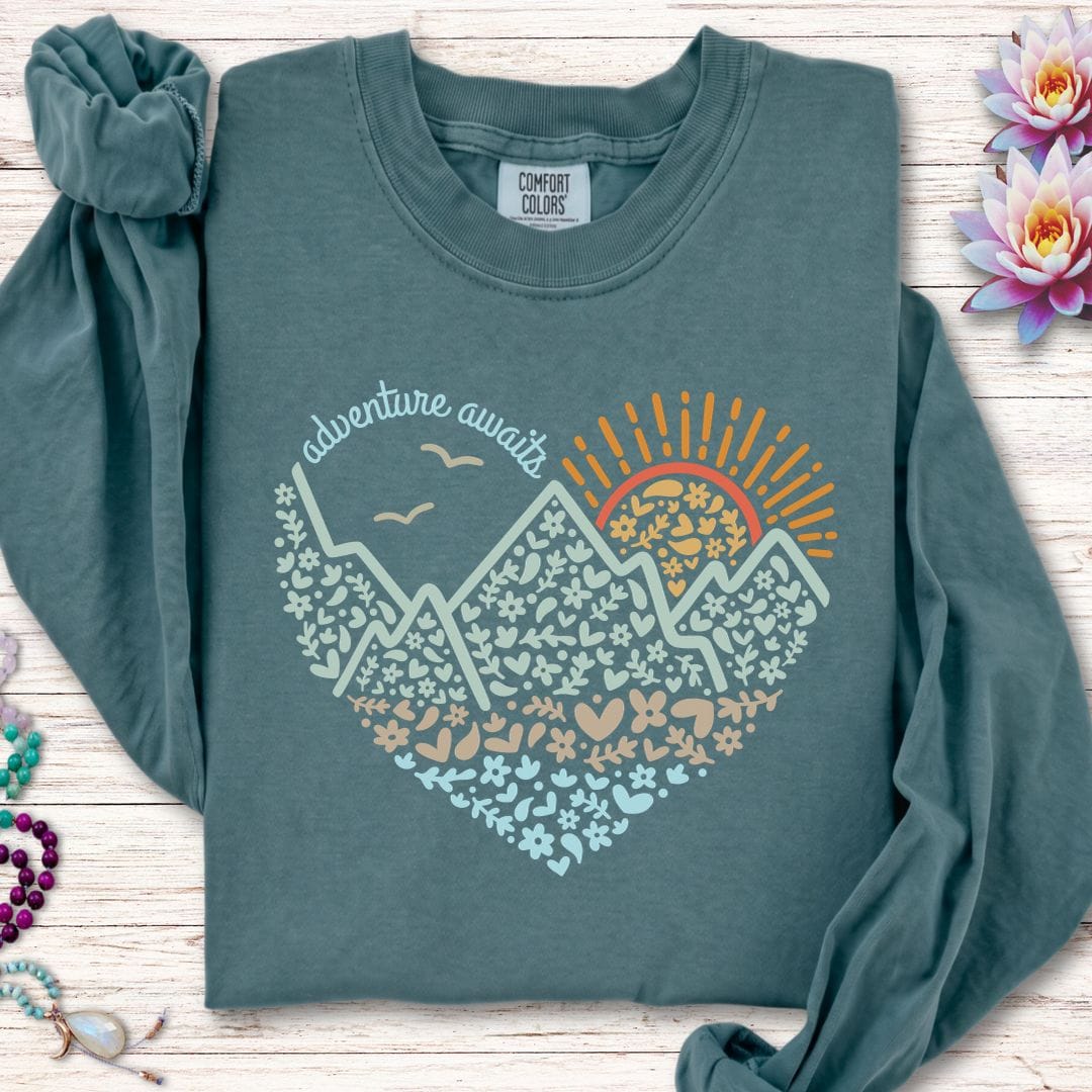 Printify Long-sleeve Adventure Awaits Long Sleeve Tee Blue Spruce / S