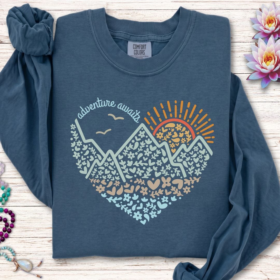 Printify Long-sleeve Adventure Awaits Long Sleeve Tee Midnight / S
