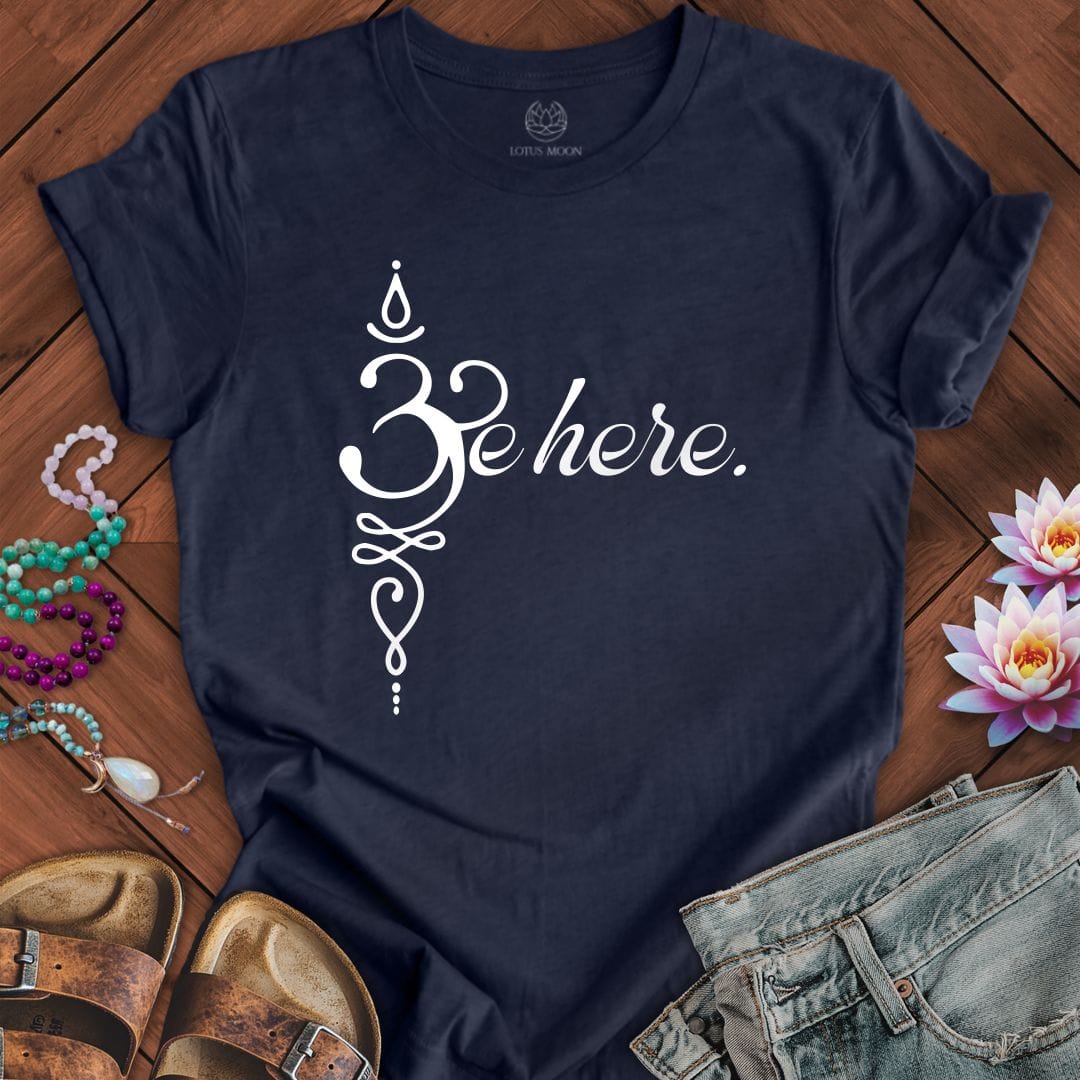 Be Here Om Tee Heather Midnight Navy