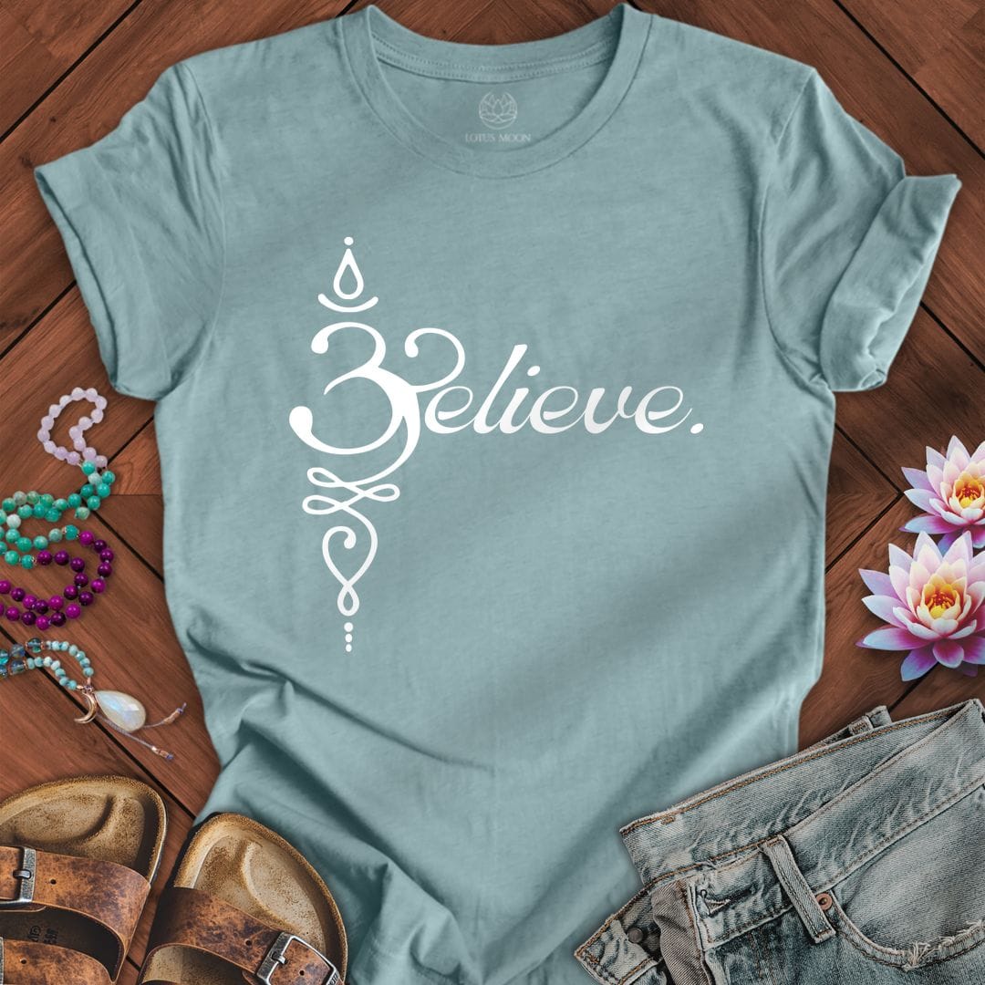 Believe Om Tee Heather Blue Lagoon