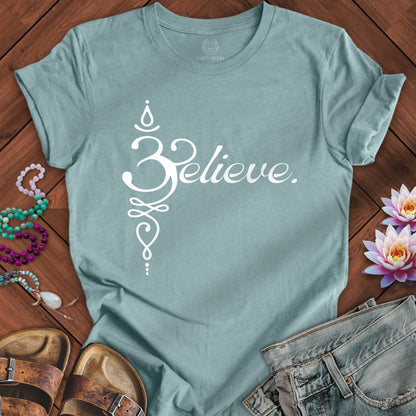 Believe Om Tee Heather Blue Lagoon