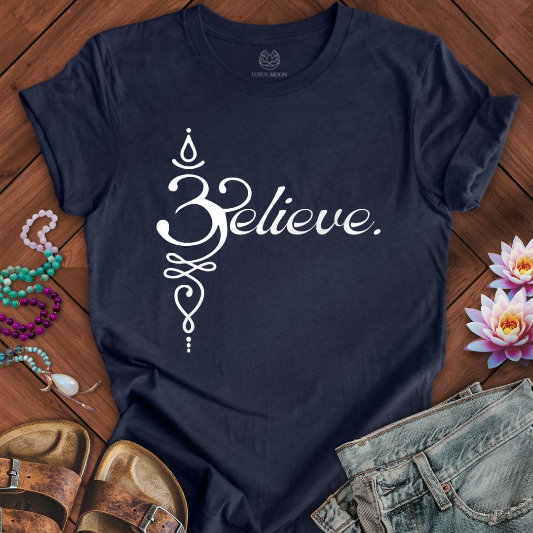 Believe Om Tee Heather Midnight Navy
