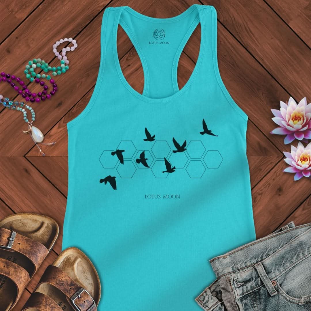 Black Flying Birds Tank Solid Tahiti Blue