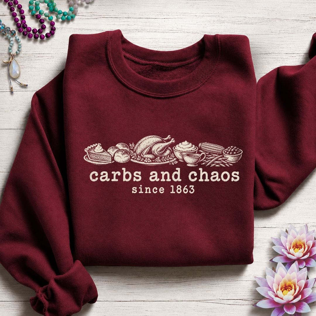 Printify Sweatshirt Carbs And Chaos Sweatshirt Garnet / S