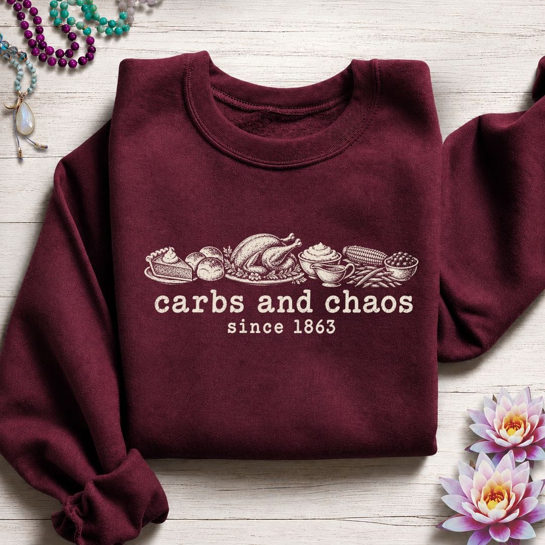 Printify Sweatshirt Carbs And Chaos Sweatshirt Maroon / S