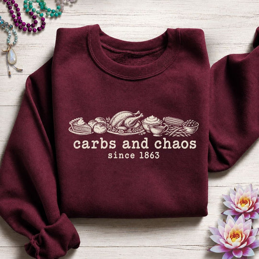 Carbs And Chaos Sweatshirt Maroon
