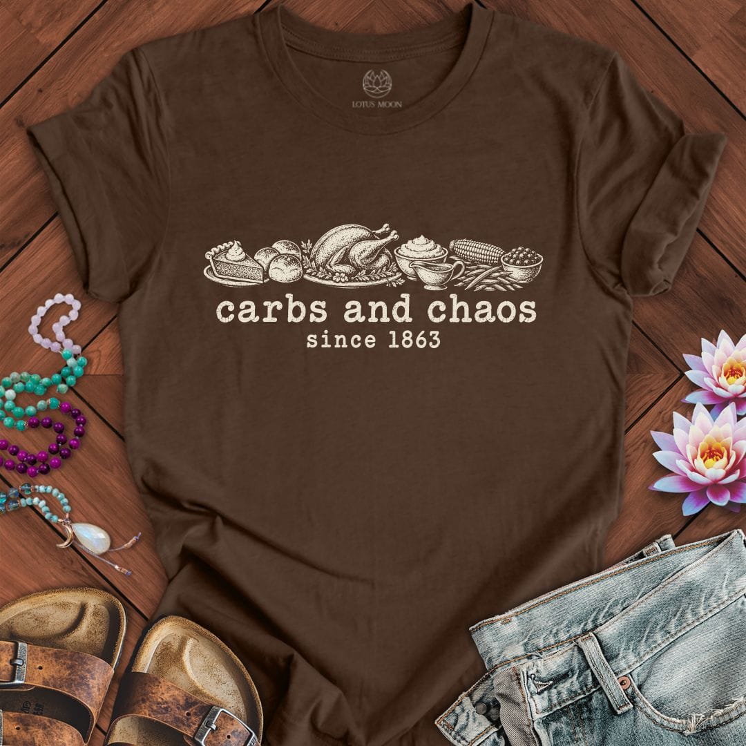Carbs And Chaos Tee Heather Brown