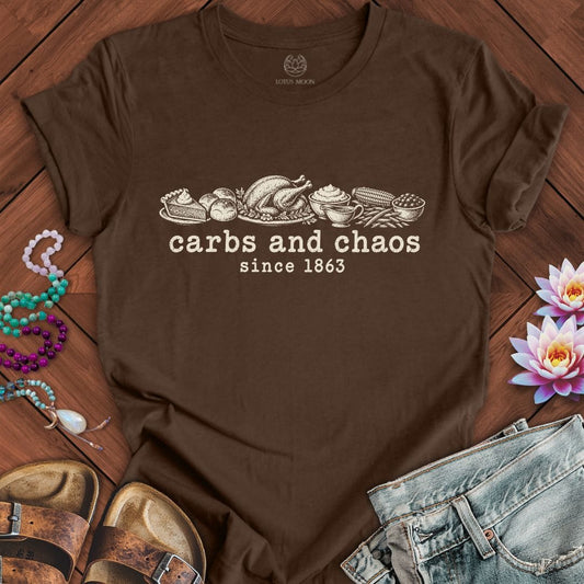 Carbs And Chaos Tee Heather Brown
