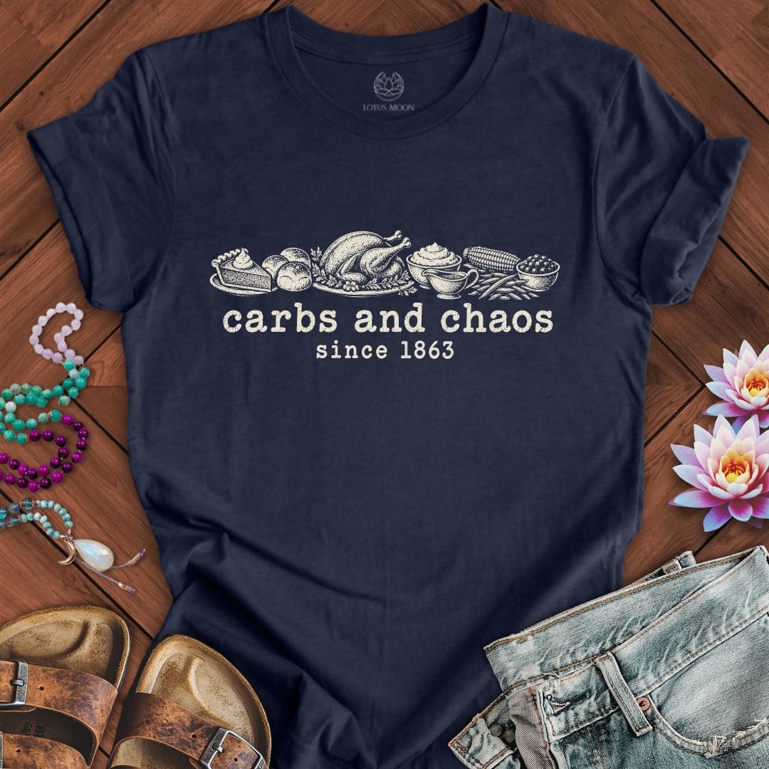 Carbs And Chaos Tee Heather Midnight Navy