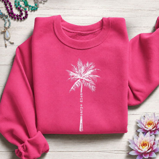 Carpe Diem Palm Sweatshirt Heliconia