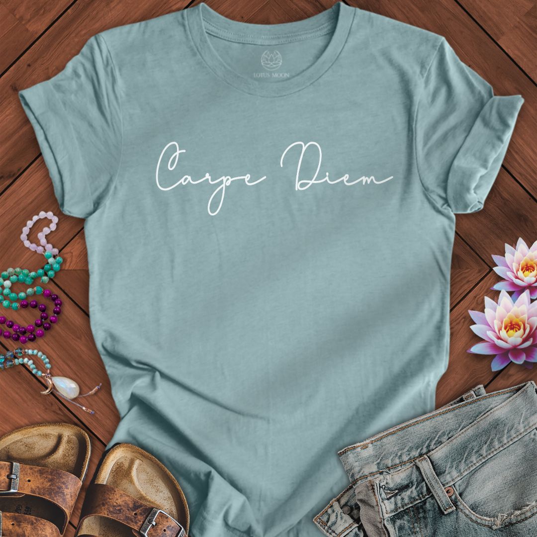 Carpe Diem Script Tee Heather Blue Lagoon
