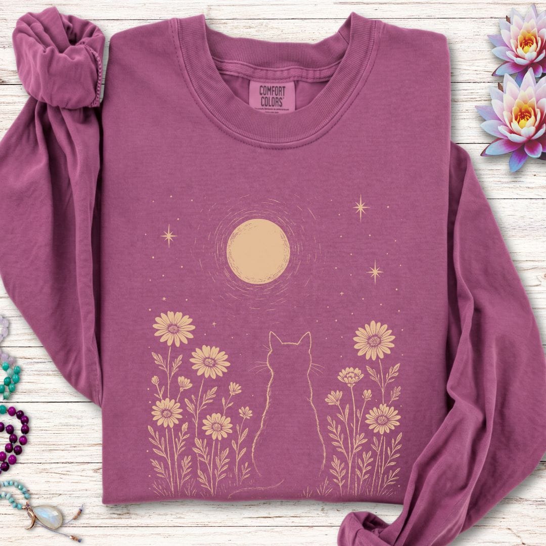 Printify Long-sleeve Cat and Moon Long Sleeve Tee Berry / S