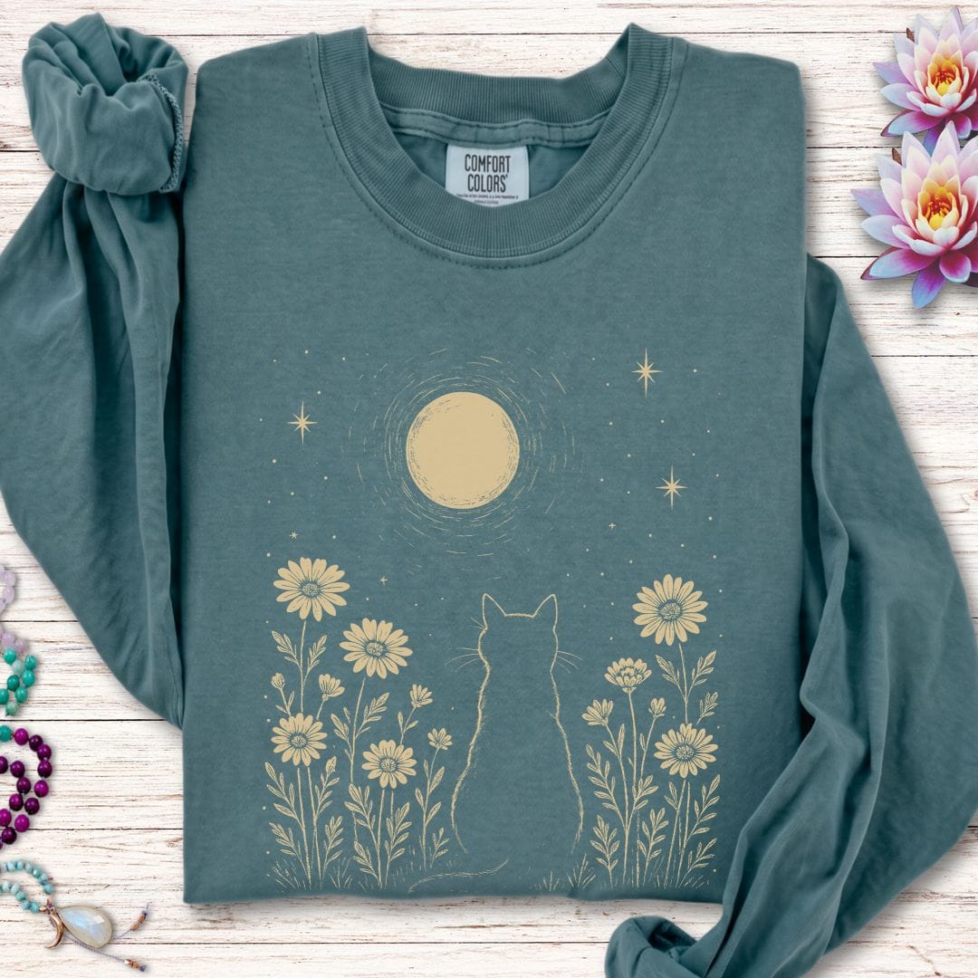 Printify Long-sleeve Cat and Moon Long Sleeve Tee Blue Spruce / S