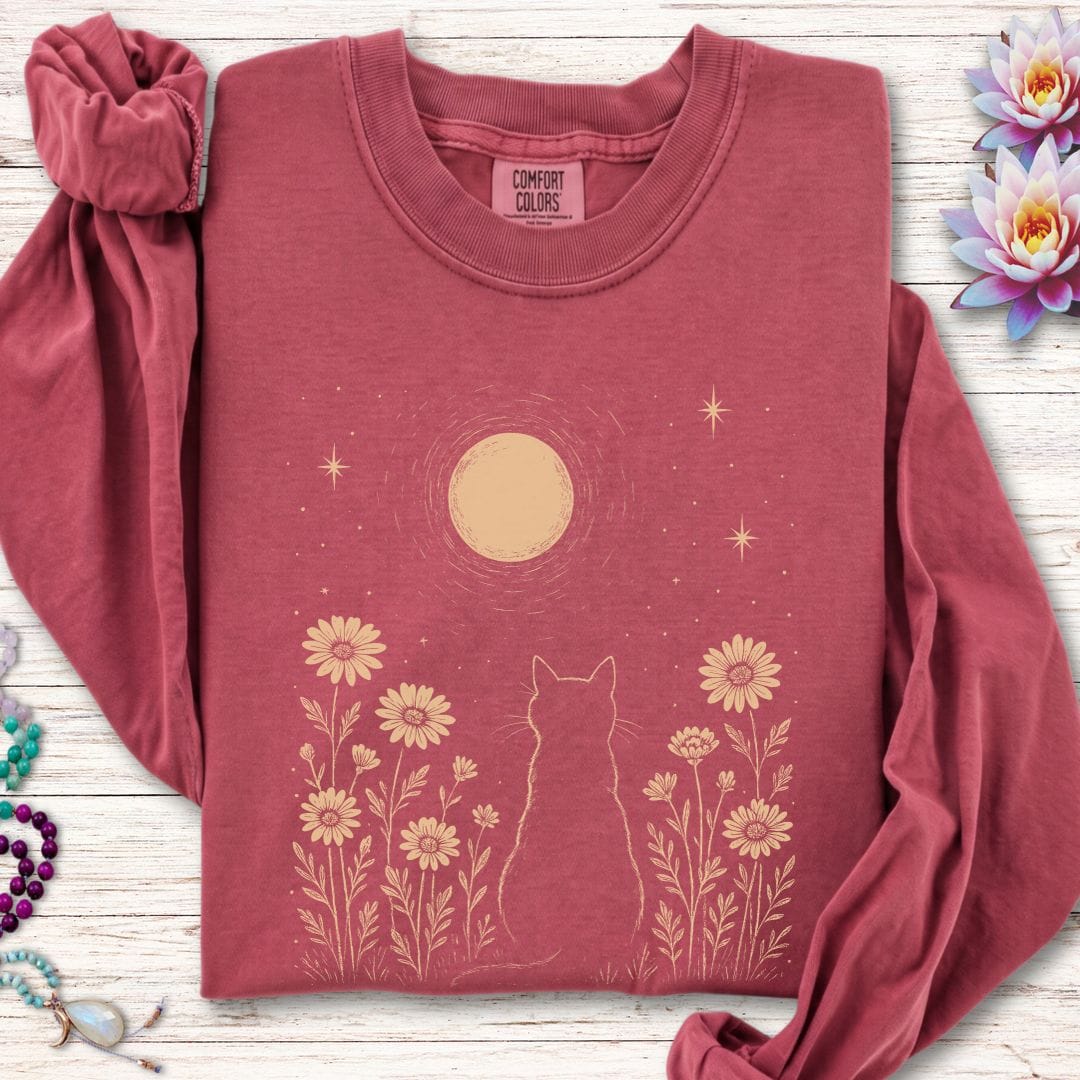 Printify Long-sleeve Cat and Moon Long Sleeve Tee Crimson / S