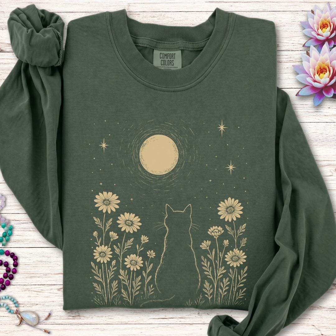 Printify Long-sleeve Cat and Moon Long Sleeve Tee Hemp / S