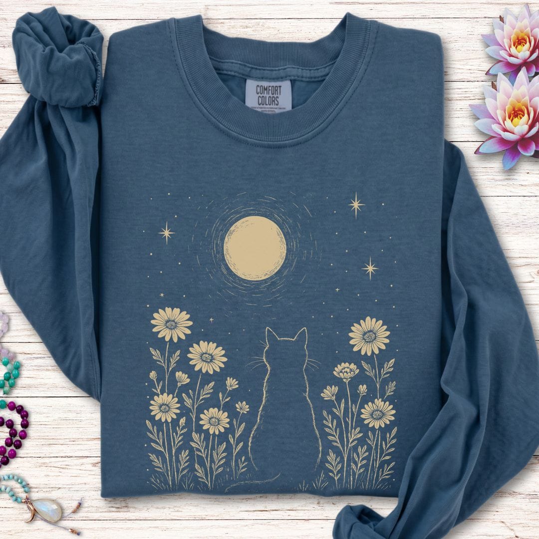 Printify Long-sleeve Cat and Moon Long Sleeve Tee Midnight / S