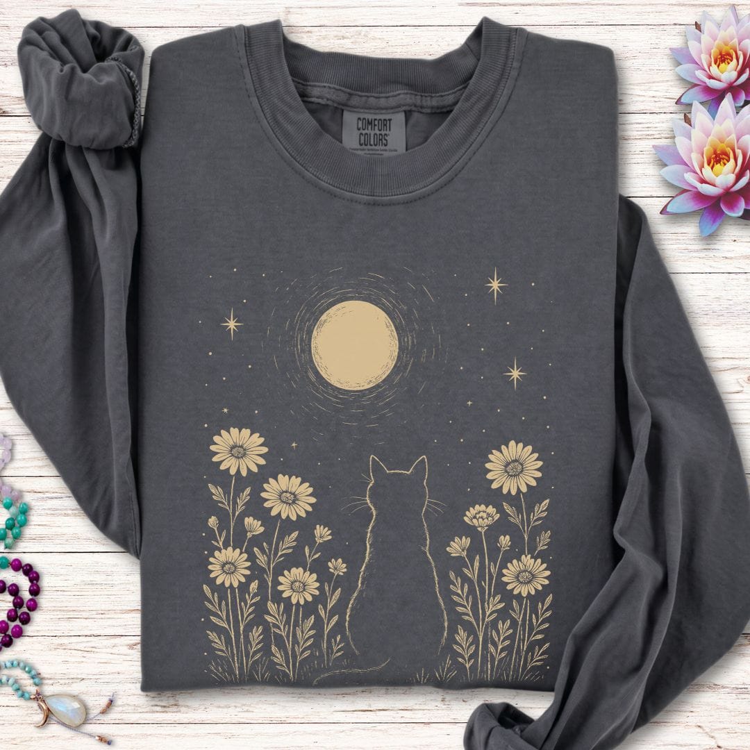 Printify Long-sleeve Cat and Moon Long Sleeve Tee Pepper / S