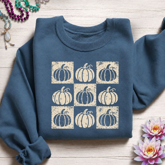 Checkered Pumpkins Sweatshirt Indigo Blue