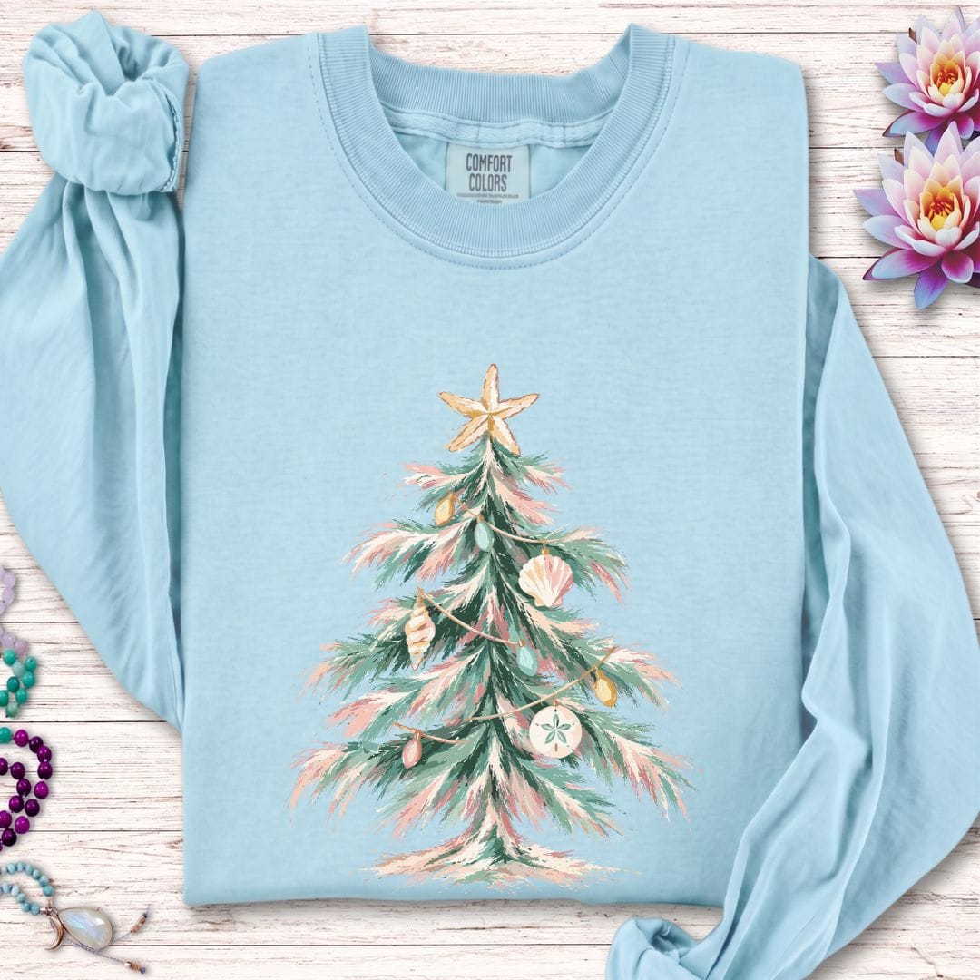 Coastal Christmas Tree Long Sleeve Tee Chambray