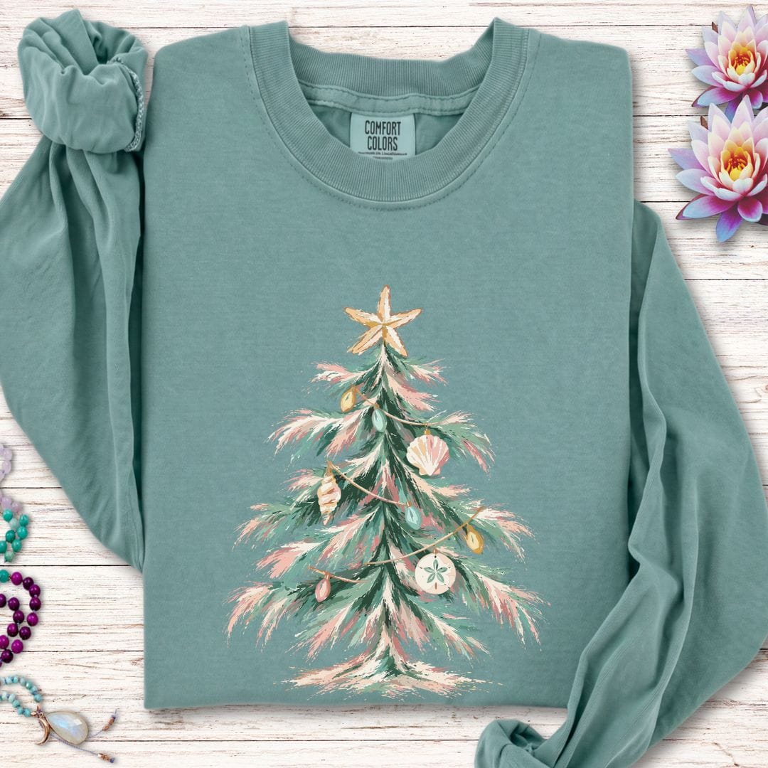 Coastal Christmas Tree Long Sleeve Tee Light Green