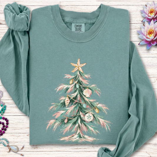 Coastal Christmas Tree Long Sleeve Tee Light Green
