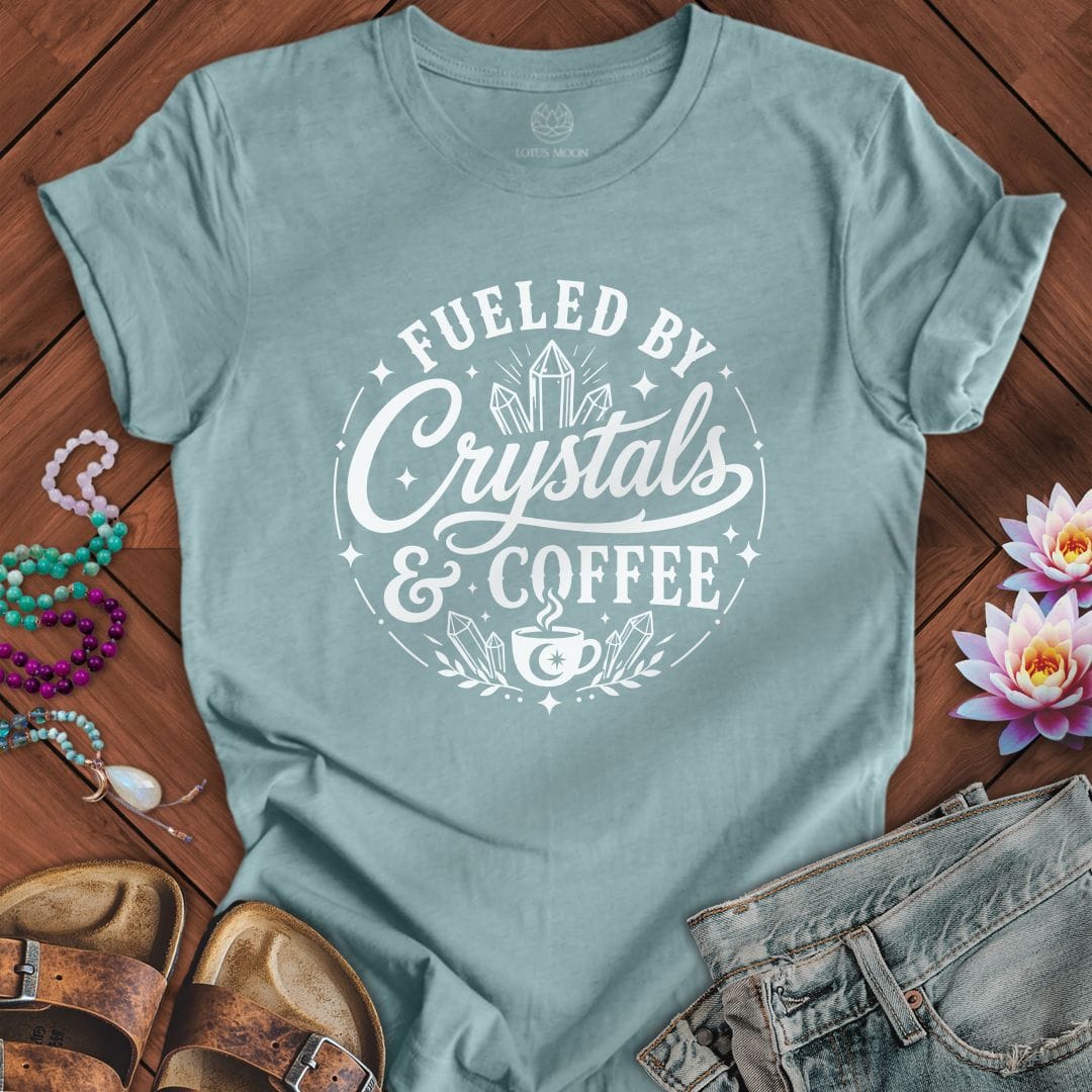 Crystals and Coffee Tee Heather Blue Lagoon