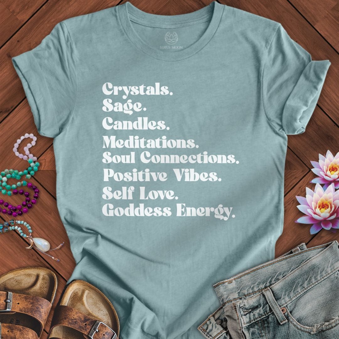 Crystals Sage Candles Tee Heather Blue Lagoon