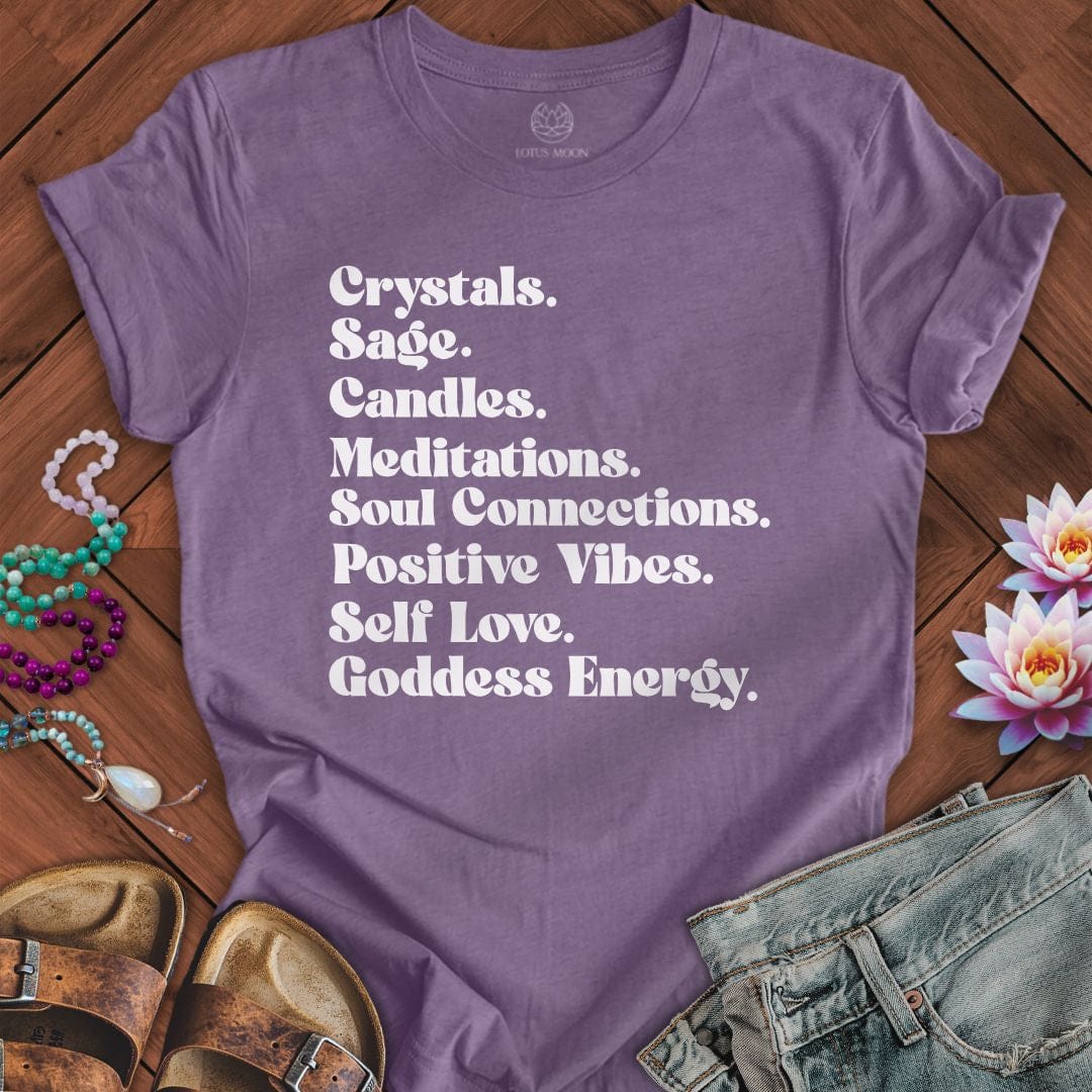 Crystals Sage Candles Tee Heather Purple