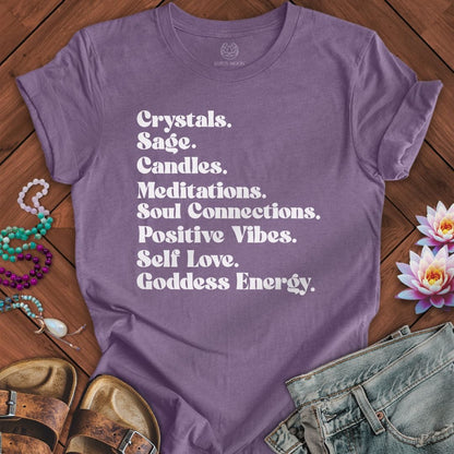 Crystals Sage Candles Tee Heather Purple