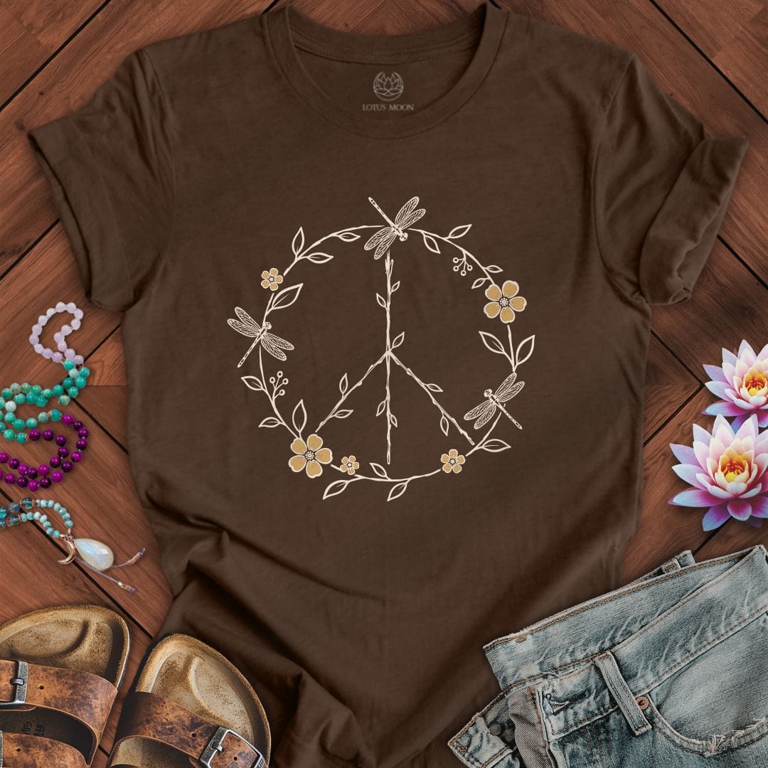 Dragonfly Peace Sign Tee Heather Brown
