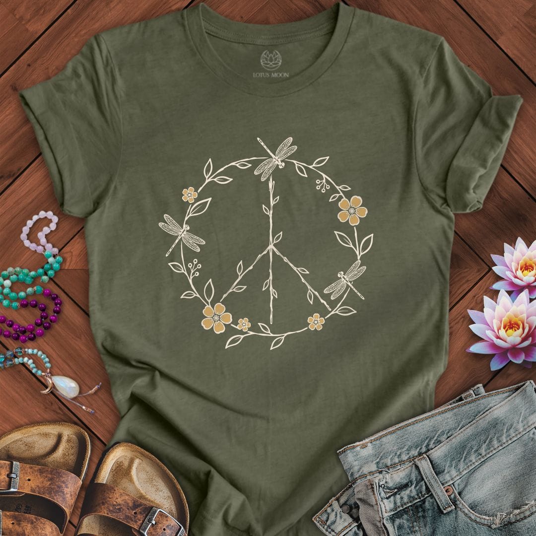 Dragonfly Peace Sign Tee Heather Military Green
