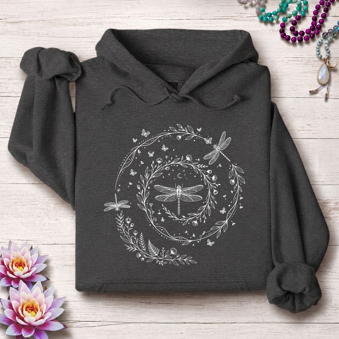 Printify Hoodie Dragonfly Spiral Hoodie Dark Heather / S