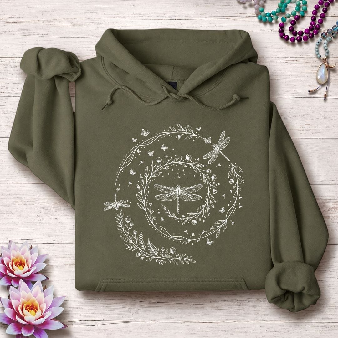 Printify Hoodie Dragonfly Spiral Hoodie Military Green / S