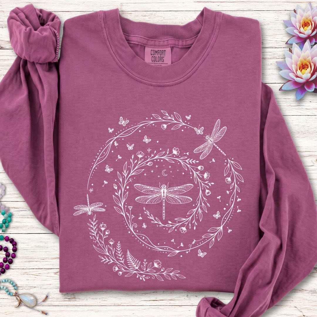 Printify Long-sleeve Dragonfly Spiral Long Sleeve Tee Berry / S