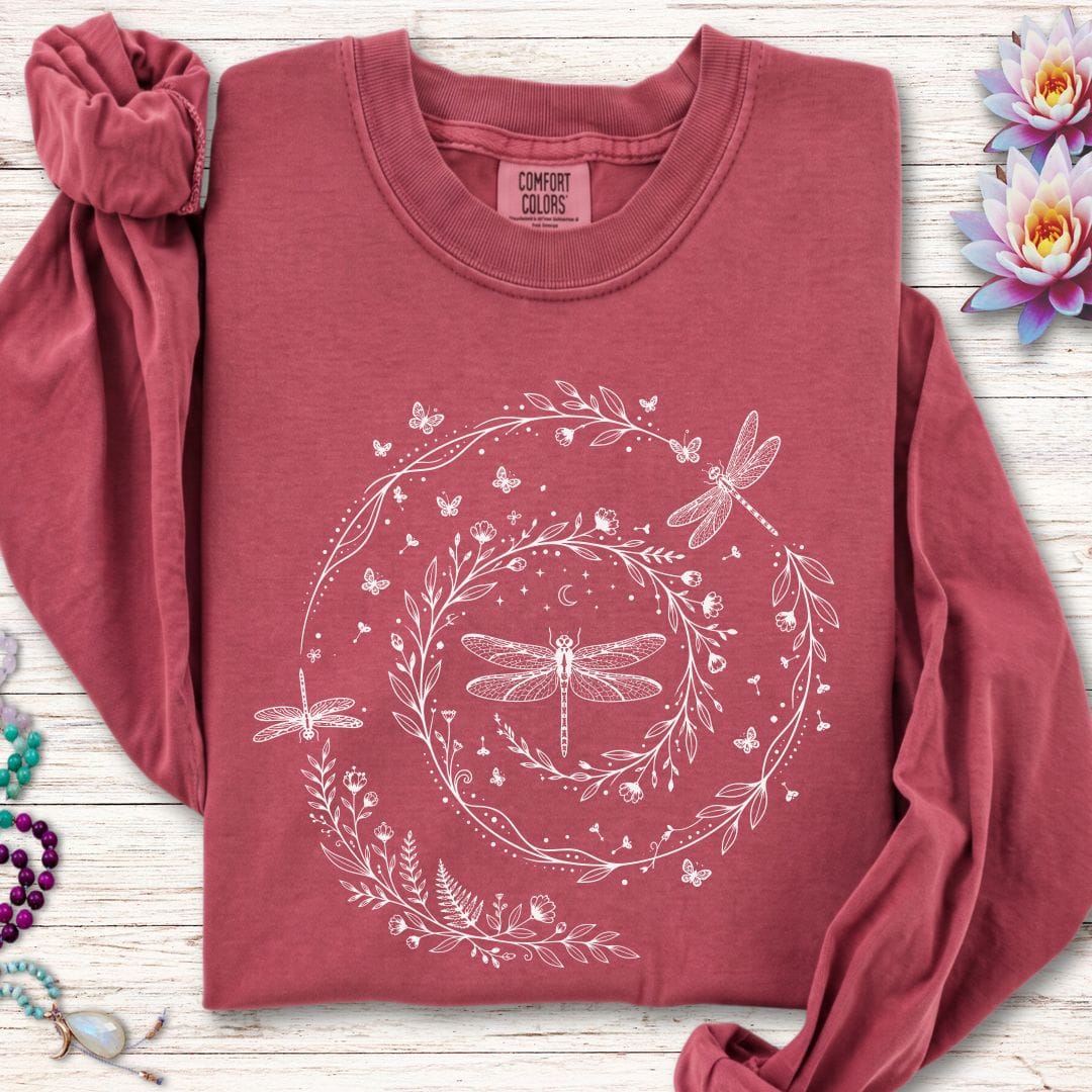 Printify Long-sleeve Dragonfly Spiral Long Sleeve Tee Crimson / S
